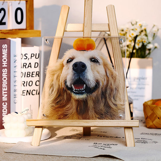 Personalized dog portrait displayed on a wooden easel as a gift for a dog lover