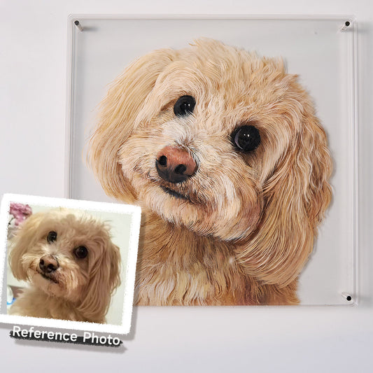 Real dog reference photo beside the finished layered custom pet portrait