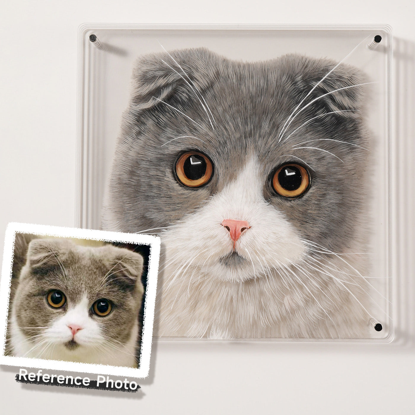 Reference photo beside the finished hand-painted 3D portrait of a cat