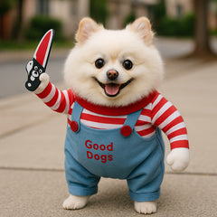 Killer Doll Pet Costume for Cats & Small Dogs | Funny Moving Knife Outfit